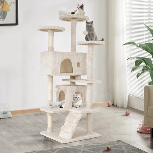 54In  Tower, Multi-Level Cat Tower Furniture Activity Center with Platform Scratching Posts Stand House Condo and Toy, Cat Condos for Indoor Cats Kitten Activity Relaxing, Beige